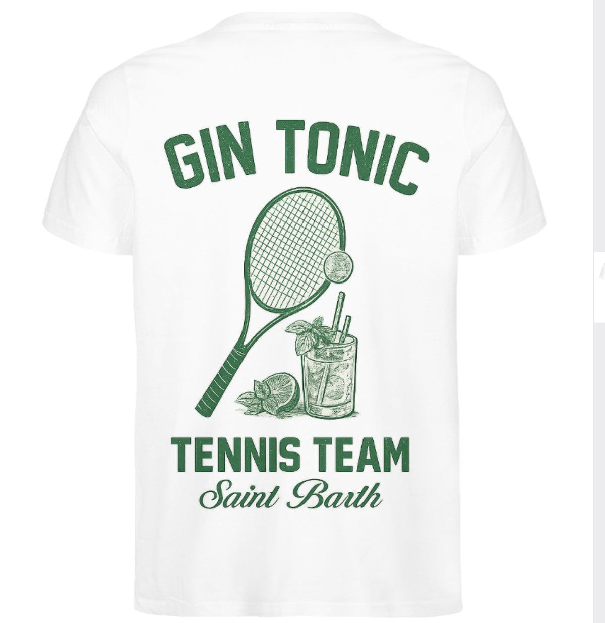 Saint Barth Summer white tee, back with Gin Tonic Tennis Team Saint Barth print