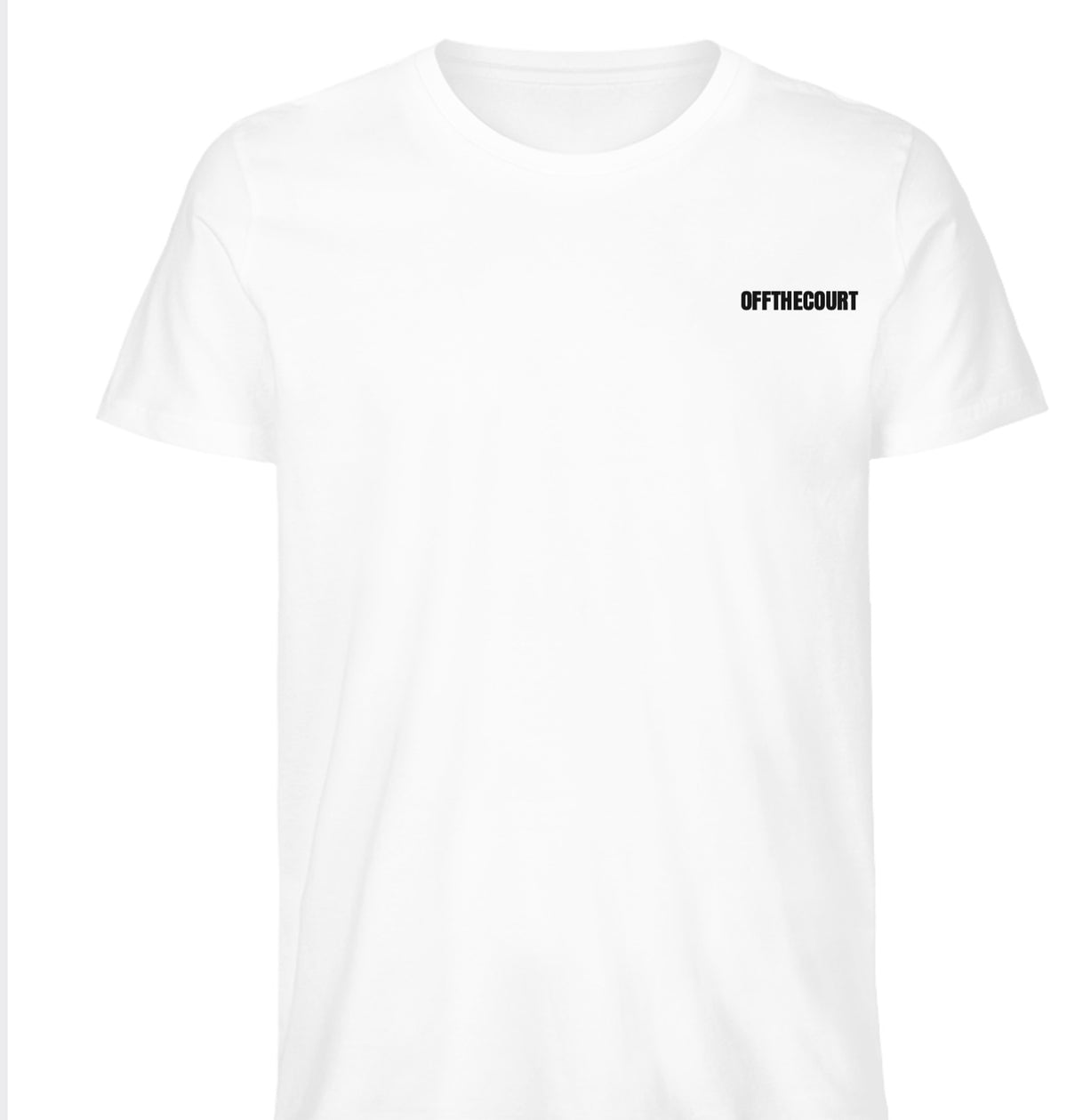 OFFTHECOURT v1 tee in white, front with OFFTHECOURT wordmark
