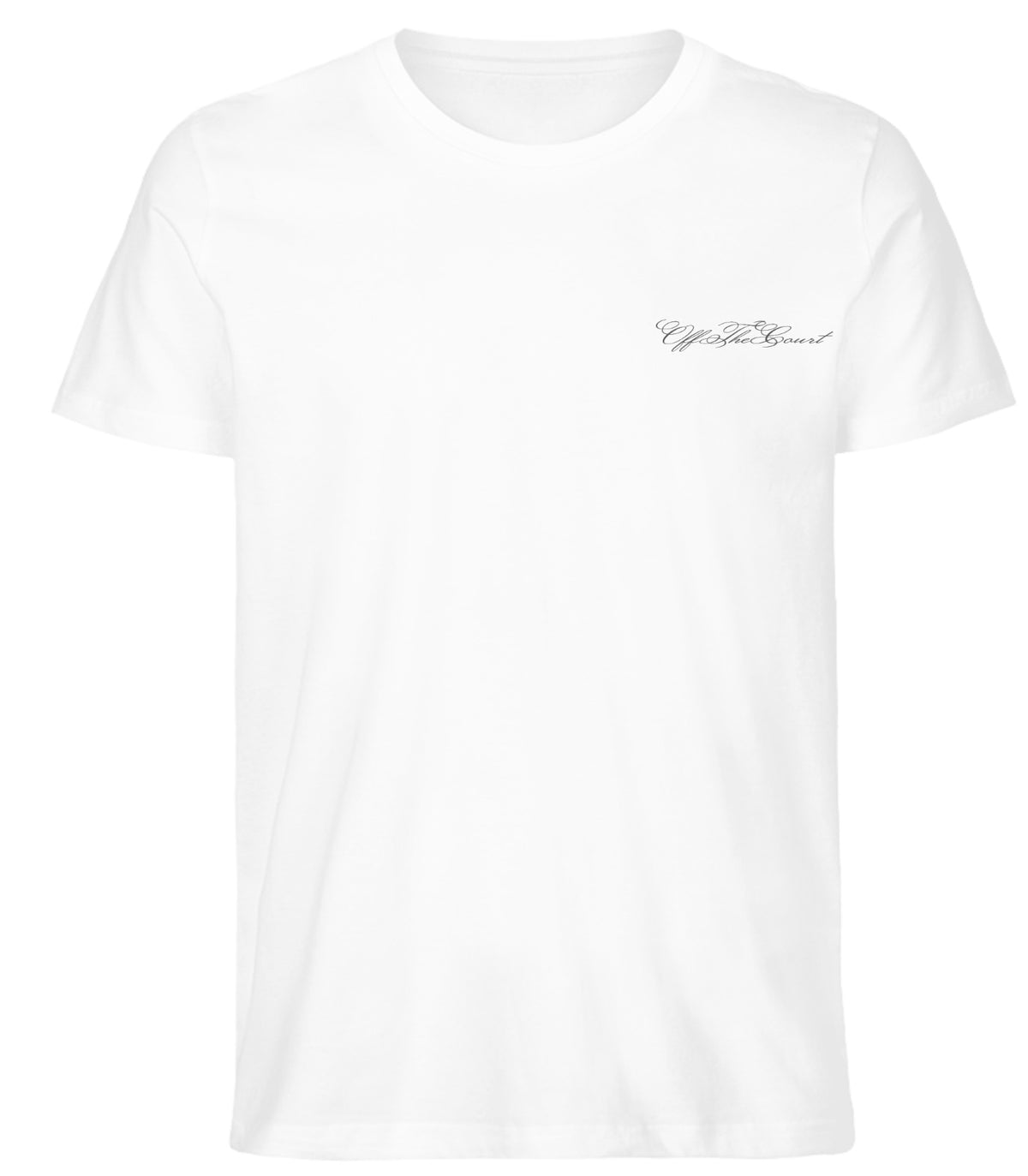 Summer Edition white tee, front with OffTheCourt script logo
