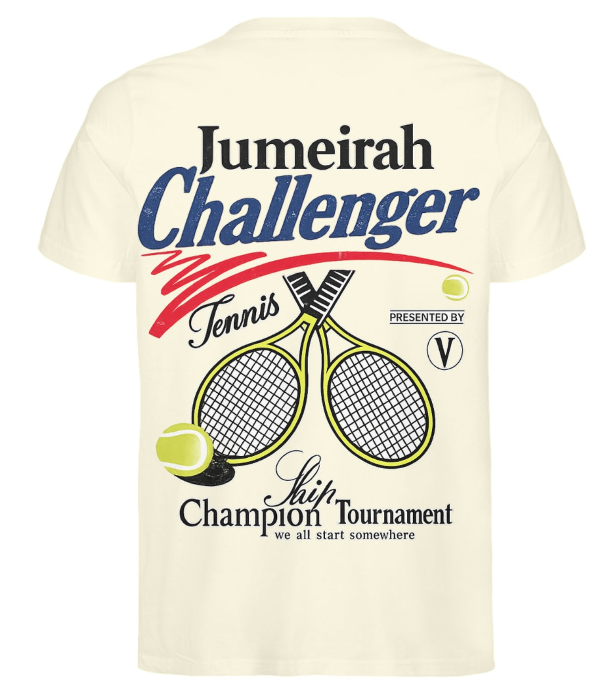 OFFTHECOURT v2 tee in cream, back with Jumeirah Challenger tennis tournament print