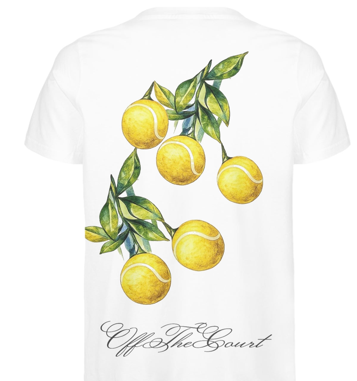 Summer Edition white tee, back with tennis-ball lemon branch print