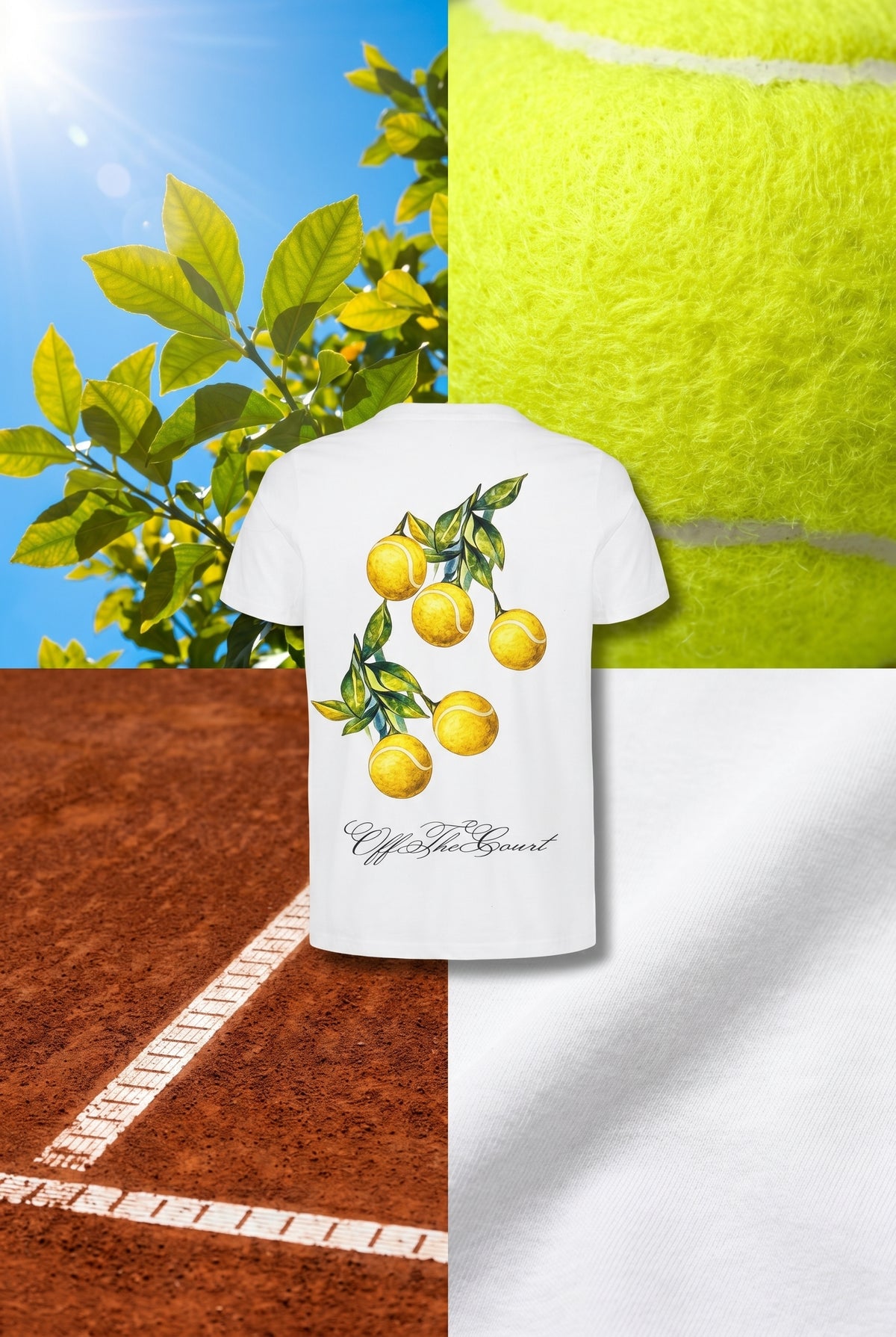 Summer Edition tee shown with lemons, tennis balls and a clay court